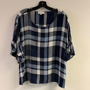 Two by Vince Camuto Blue Plaid Oversized Boxy Ruffle Sleeve Top Size XL